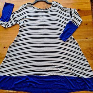 KATE Collection USA White Tunic with Black Stripes & Blue Cuffs/Hem